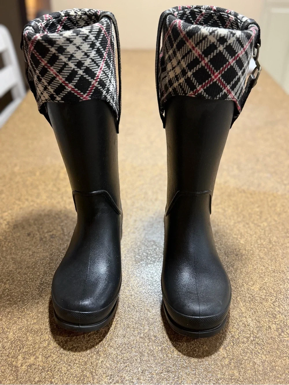 CROCS Black Rain Boots with Plaid Cuff and Pink Accent